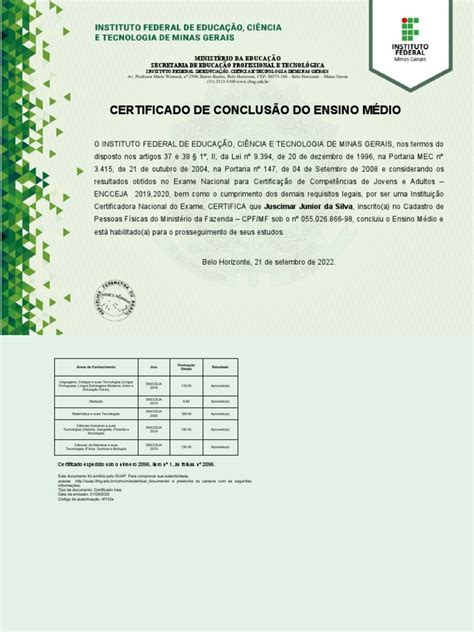 Certificado De Conclusão Do Ensino Médio Bahia - Certificado de Conclusão do Ensino Médio | PDF | Science | Autenticação