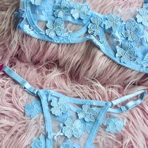 Baby Blue Lace Mesh Floral Lingerie Set L Custom Sizing Available L