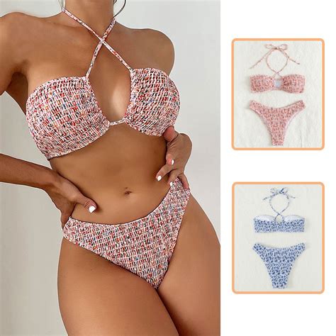 Summer Flowers Print Pleated Design Bikini Set Beach Fashion Halter