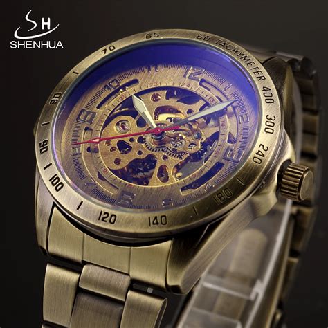 Shenhua Vintage Bronze Metal Mechanical Watch Men Skeleton Automatic