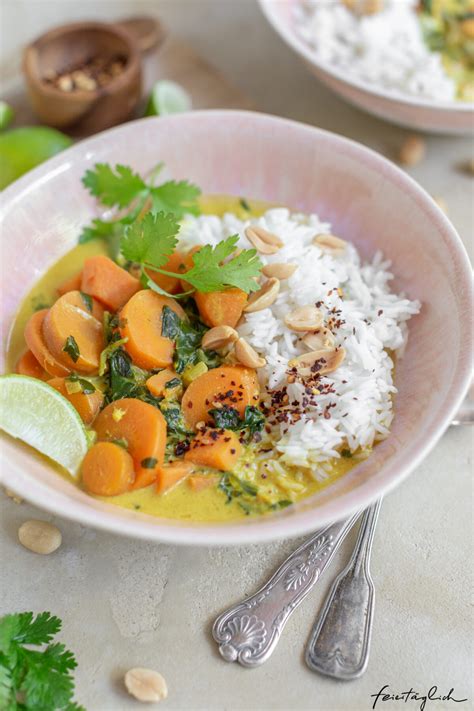 Karotten S Kartoffel Erdnuss Curry Mit Spinat Ein Einfaches Veganes