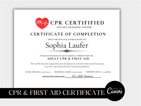 Cpr Certificate Of Completion First Aid Certificate Template Editable Certificate Training