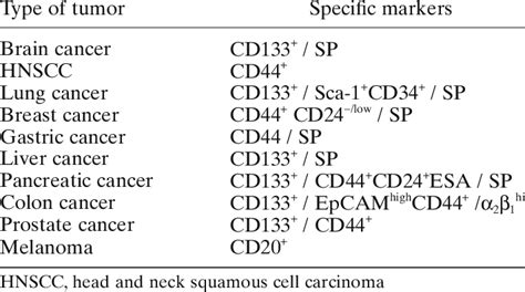 Tumor Initiating Cells In Several Types Of Solid Tumors Download Table