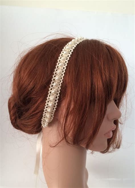 Bridal Lace Headband Embroidered Hair Wrap Beaded Hairband Pearl And