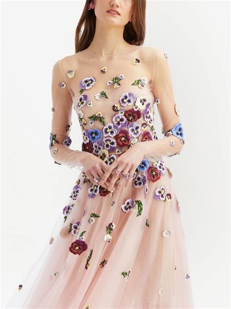 Oscar De La Renta Floral Appliqué Tulle Gown Embroidered Cocktail