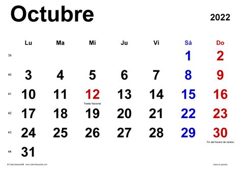 Calendario Octubre 2022 En Pdf Excel Y Word Calendarpedia