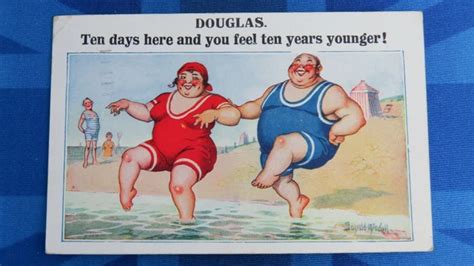 DOUGLAS DONALD MCGILL Comic Postcard BBW Fat Lady Man Bathing Beauty EUR