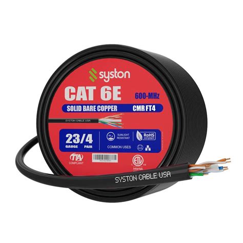 Syston Cable Technology 50 Ft Black CMR Cat 6e 600 MHz 23 AWG Solid