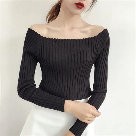 2017 Autumn And Winter Basic Women Sweater Slit Neckline Strapless