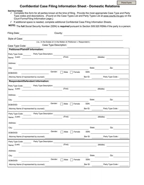 Confidential Case Filing Information Sheet Domestic Relations