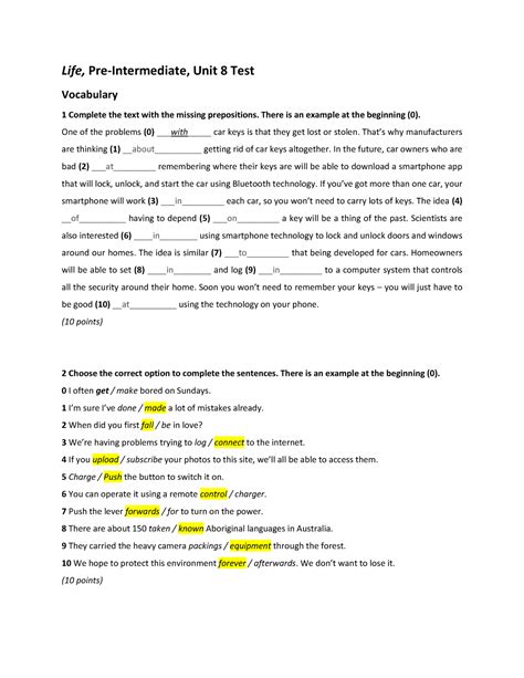 Life 2e Pre Intermediate Unit 8 Test Word Life Pre Intermediate