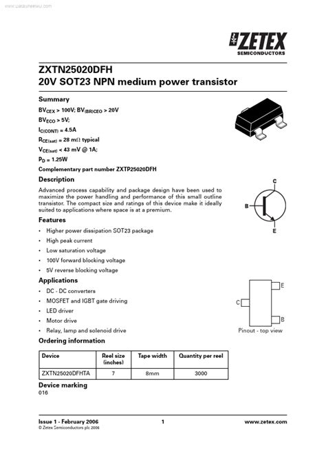 Zxtn25020dfh Datasheet Npn Medium Power Transistor