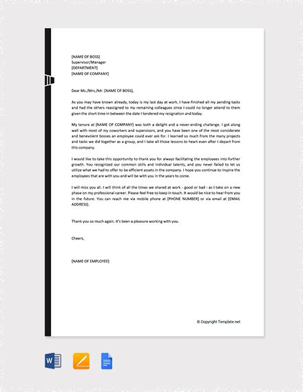 FREE Thank You Letter to Boss after Resignation Template - Word ...