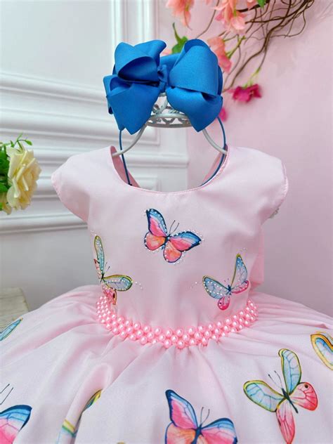 Vestido Infantil Rosa Borboletas Luxo P Rolas Damas Festas Elo