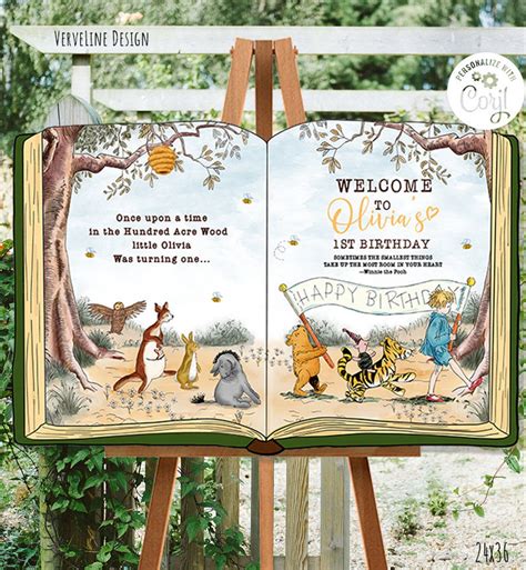 Editable Welcome Sign Classic Winnie The Pooh Open Book Birthday Boy