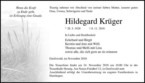 Traueranzeigen Von Hildegard Kr Ger Trauer Anzeigen De