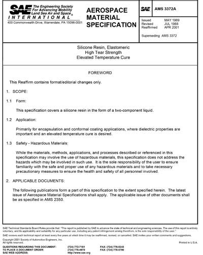 Sae Ams 3372a 1988 Sae Ams3372a 1988 Silicone Resin Elastomeric High Tear Strength