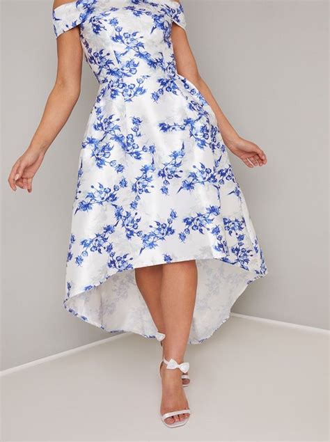 Bardot Neckline Floral Midi Dip Hem Dress In White In 2021 Dresses