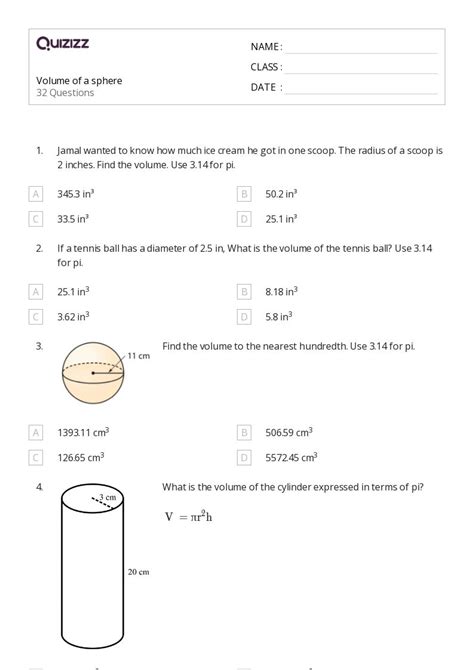 Volume Of A Sphere Worksheets For Th Grade On Quizizz Free