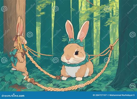 Rabbit In The Forest Tied Up With A Rope Ghibli Style Stock