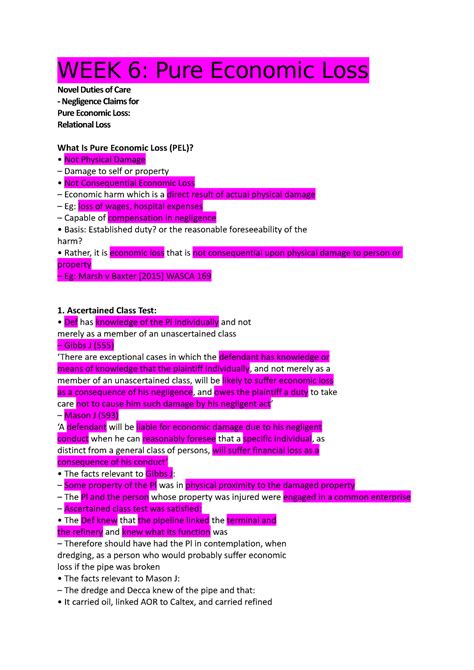 Week 6 Course Notes Week 6 Pure Economic Loss Novel Duties Of Care