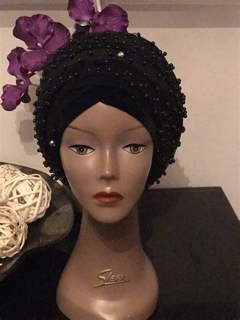 CUMO London Large Mesh Net Full Beaded Velvet Turban Premade Turban