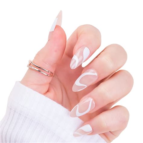 Pc Press On Nails Almond Short Glossy Swirl White Soft Gel Fake Nails