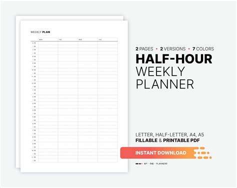 This Half Hour Weekly Planner Is A Printable And Fillable Pdf Template