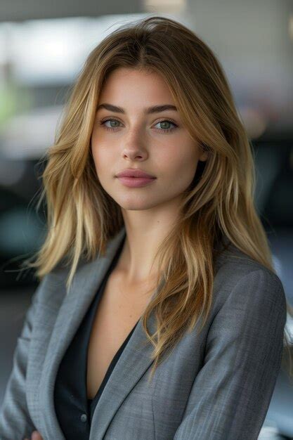 A Blonde Woman With Long Wavy Hair Looks Directly At The Camera Wearing A Grey Blazer Premium