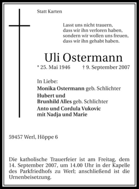 Traueranzeigen Von Uli Ostermann Trauer In Nrw De