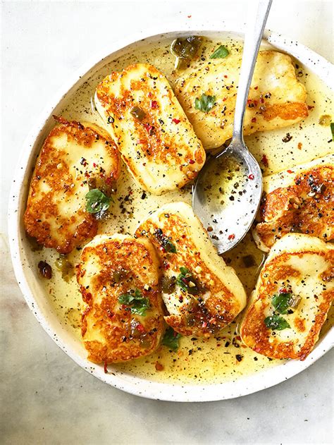 Pan Fried Halloumi With Peppered Honey Serving Dumplings