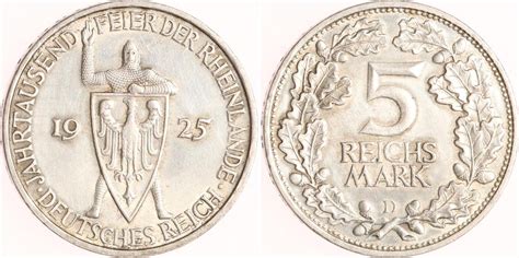 Weimarer Republik 5 Reichsmark 1925 D Rheinlande Sehr schön