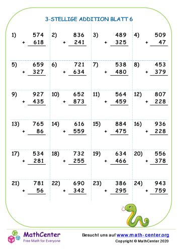 Stellige Addition Blatt Arbeitsbl Tter Math Center