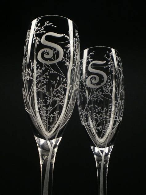 Personalized Spring Wedding Flutes 2 Custom Engraved Champagne Glasses Branches And Leaves