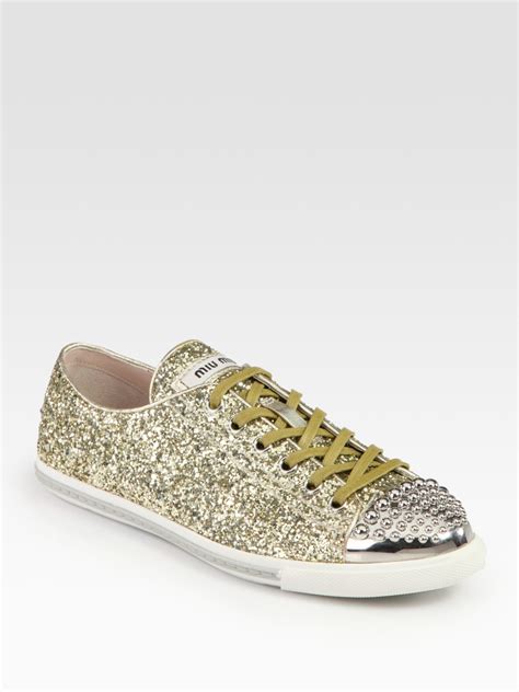 Lyst Miu Miu Glitter Studded Leather Sneakers In Metallic