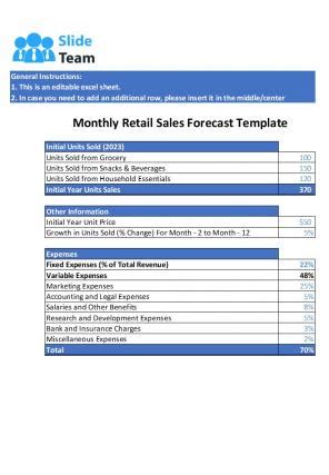 Monthly Retail Sales Forecast Template Excel Spreadsheet Worksheet