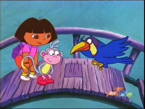 Dora The Explorer And Diego The Bird On A Wooden Bridge With Candy In