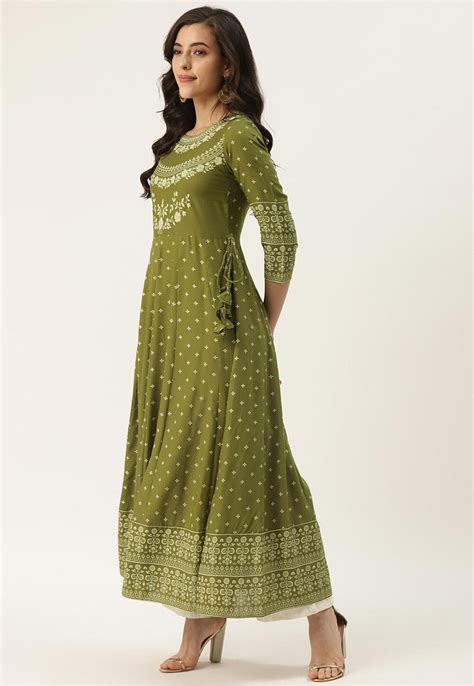 Buy Printed Rayon Aline Kurta In Olive Green Online TPH29 Utsav Fashion