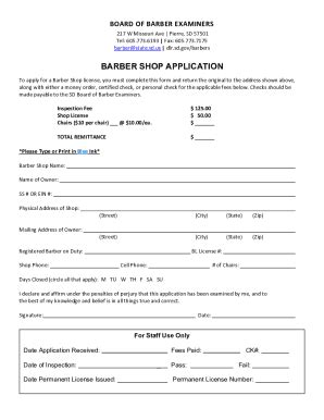 Fillable Online Dlr Sd BARBER SHOP LICENSE RENEWAL APPLICATION Fax