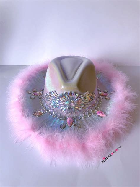 Pink Light Up Cowboy Hat With Tiara And Feathers Pink Cowgirl Hat With