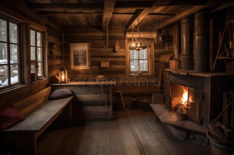 Cozy Cabin Retreats With A Crackling Fire And Lantern Lights Stock