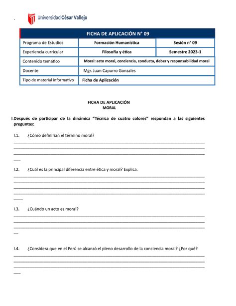 Ficha DE Aplicación Sesión 9 FICHA DE APLICACIÓN MORAL Iés de