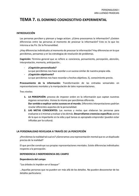 TEMA 7 Bien Apuntes 7 PERSONALIDAD I ARA LUENGO FRADEJAS TEMA 7 EL