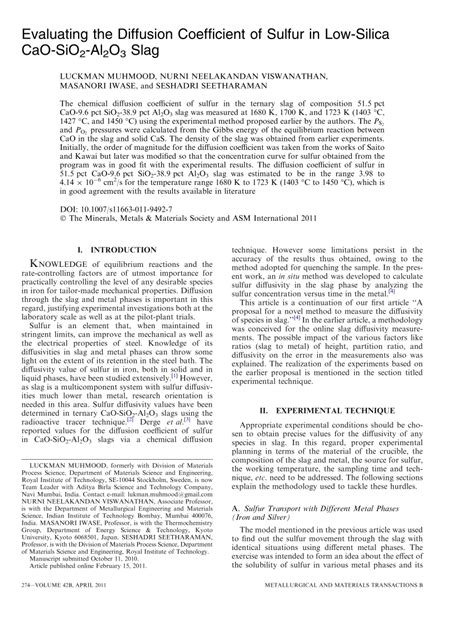 Pdf Evaluating The Diffusion Coefficient Of Sulfur In Low Silica Cao