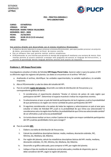 EST103 PD3 Laboratorio 2021 2 ESTUDIOS GENERALES LETRAS PD3 PR