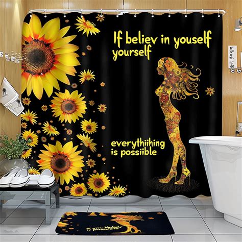 Sunflower Woman Silhouette Shower Curtain Set With Motivational Quote