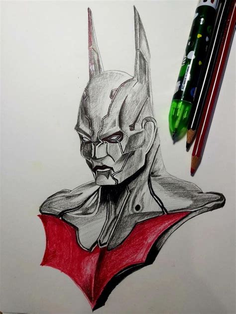 A Pencil Drawing Of A Batman Character With Red And Black Ink On White