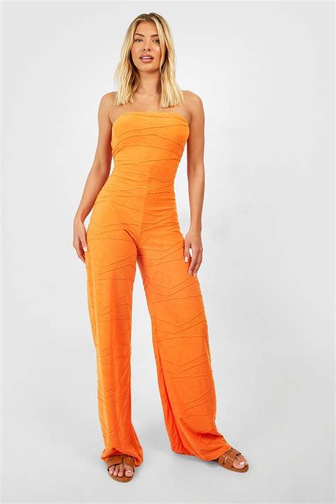 Bandeau Textured Seam Detail Wide Leg Jumpsuit Boohoo Uk