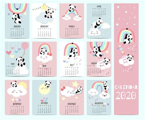 Calendario animal 2020 con panda oso arcoiris para niños Vector