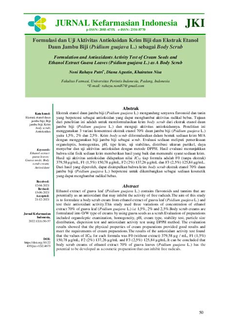 Pdf Formulasi Dan Uji Aktivitas Antioksidan Krim Biji Dan Ekstrak